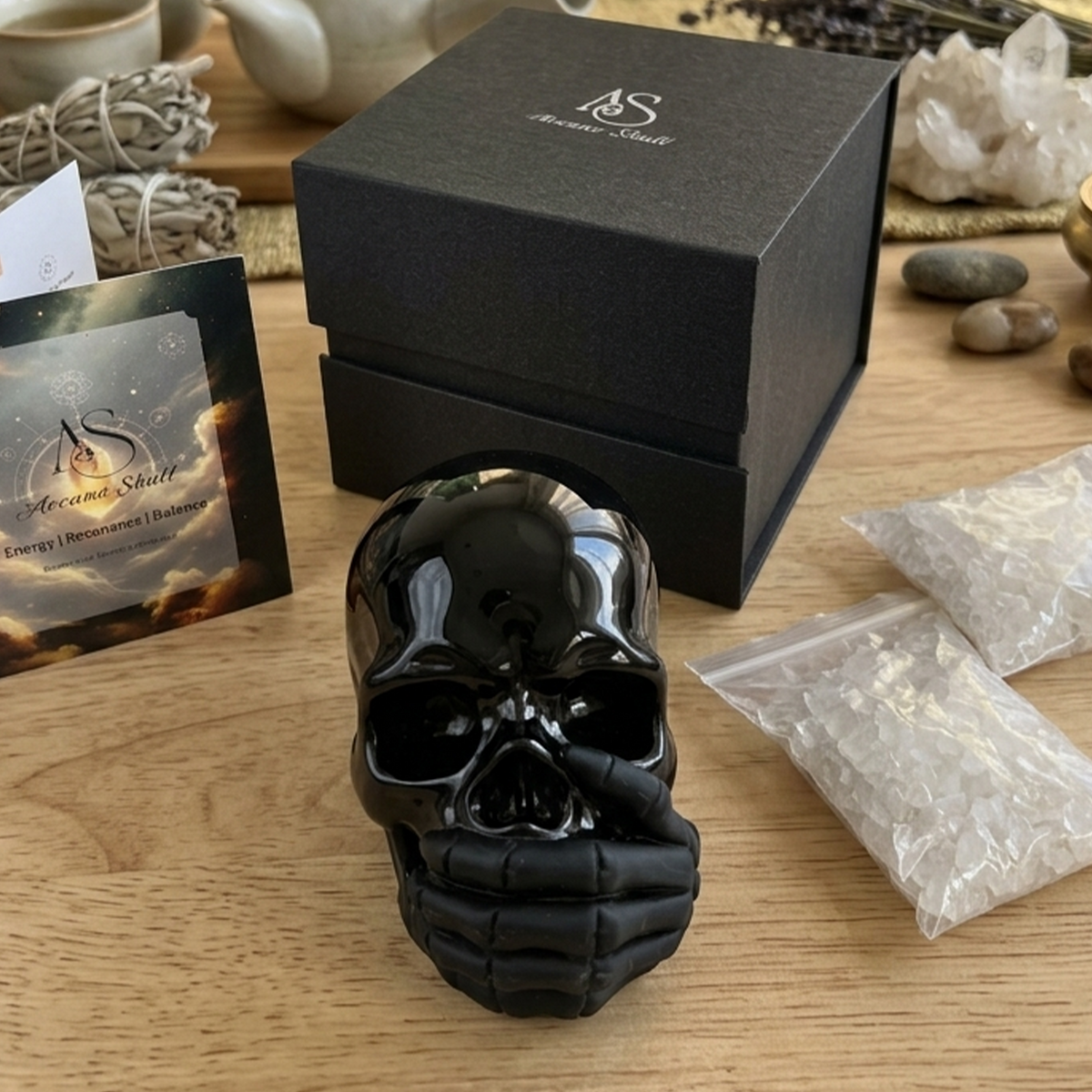 Additional view of a Black Obsidian Speak No Evil skull carving