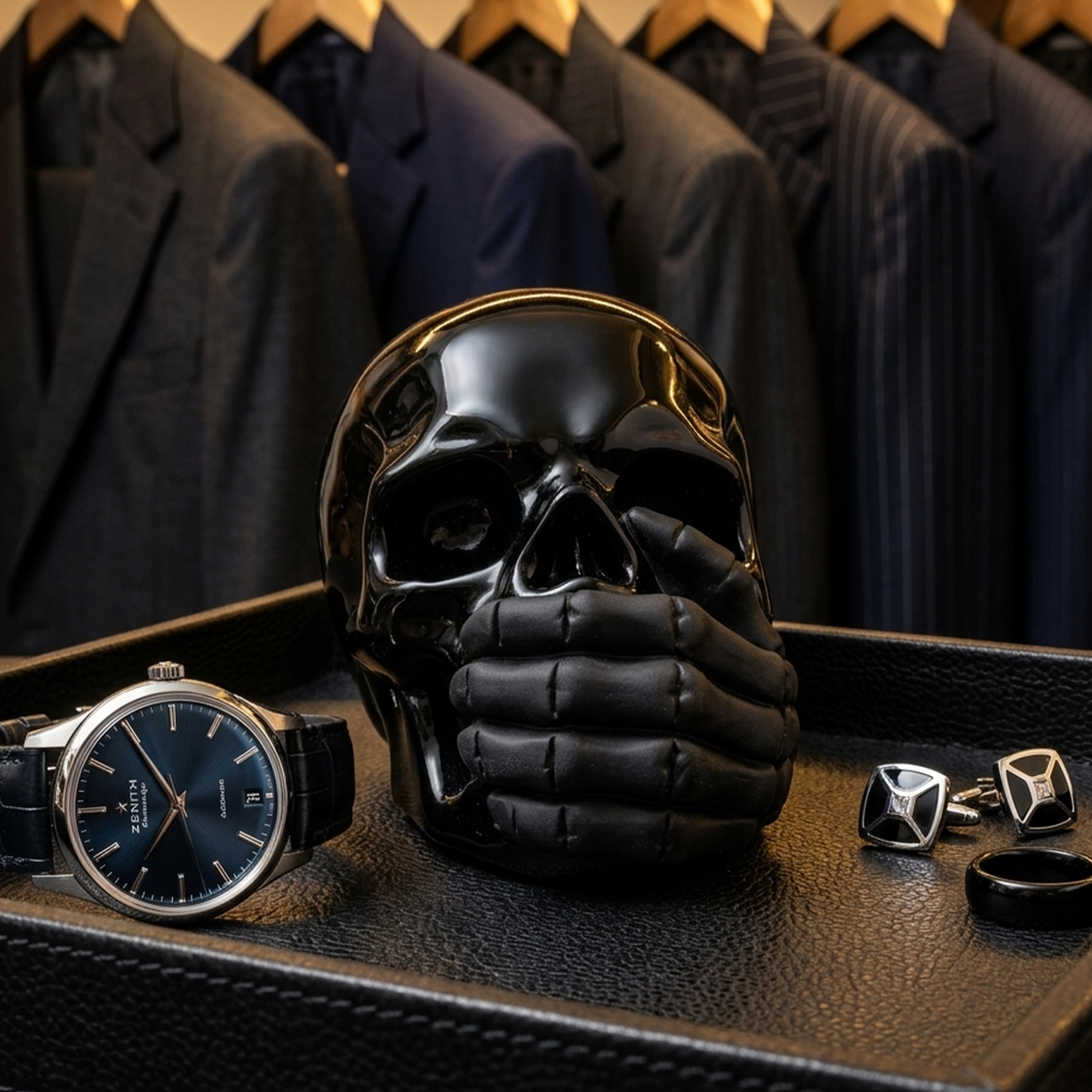 Additional view of a Black Obsidian Speak No Evil skull carving