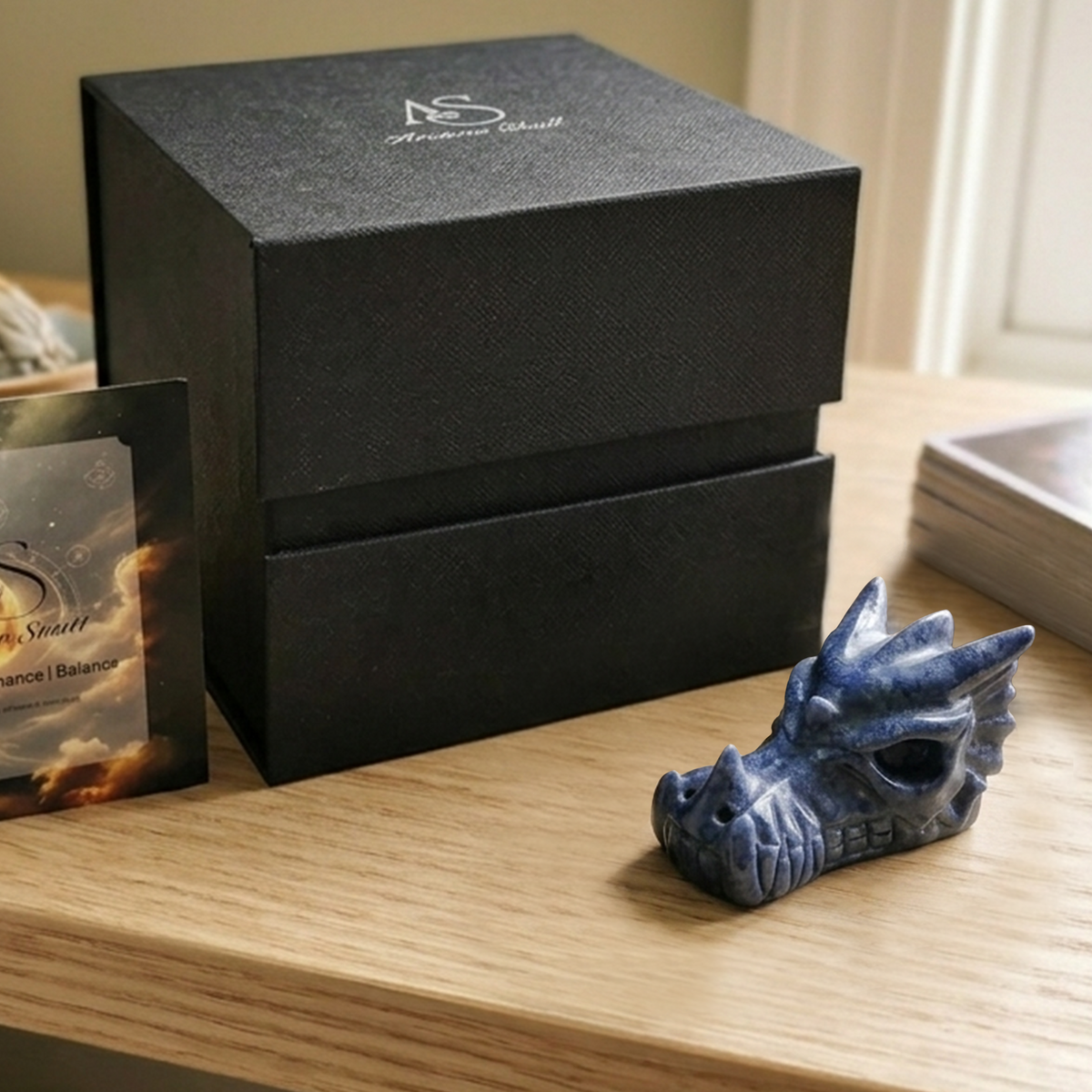 Additional view of a 2.5-inch Blue Aventurine dragon skull carving