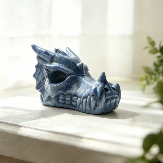 Additional view of a 4.2-inch Blue Aventurine dragon skull carving