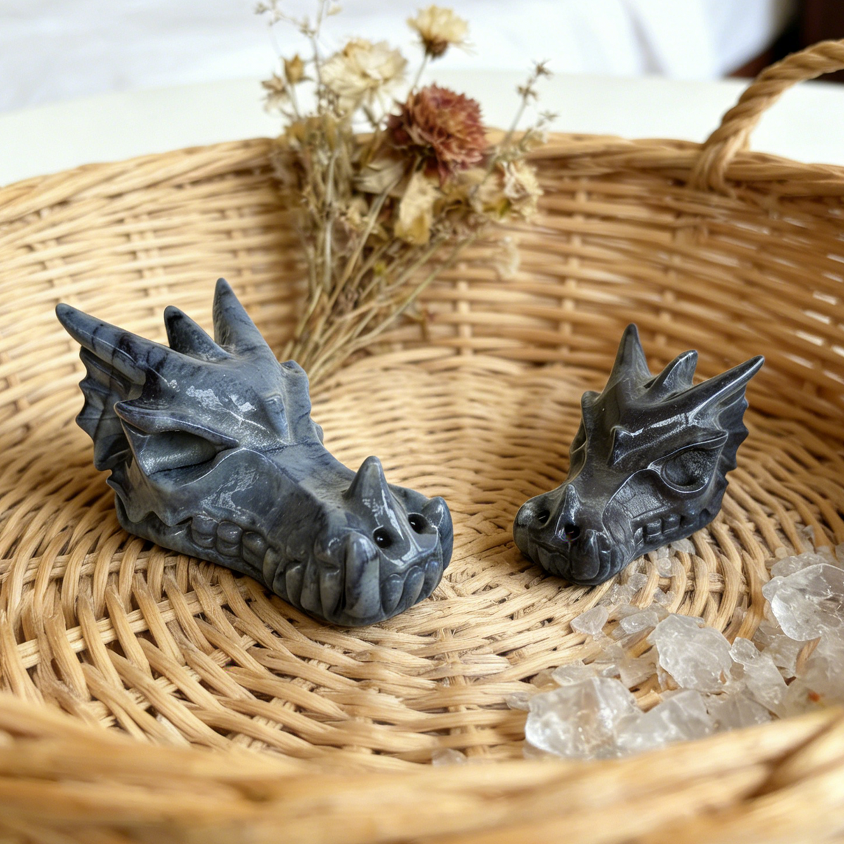Additional view of a Blue Aventurine dragon skull carving