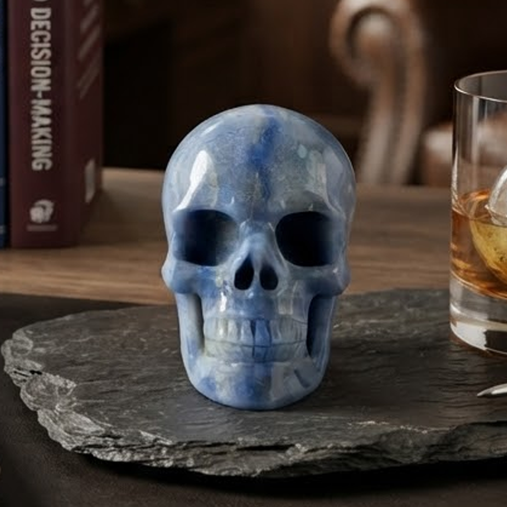 Main view of a 3-inch Blue Aventurine human skull carving