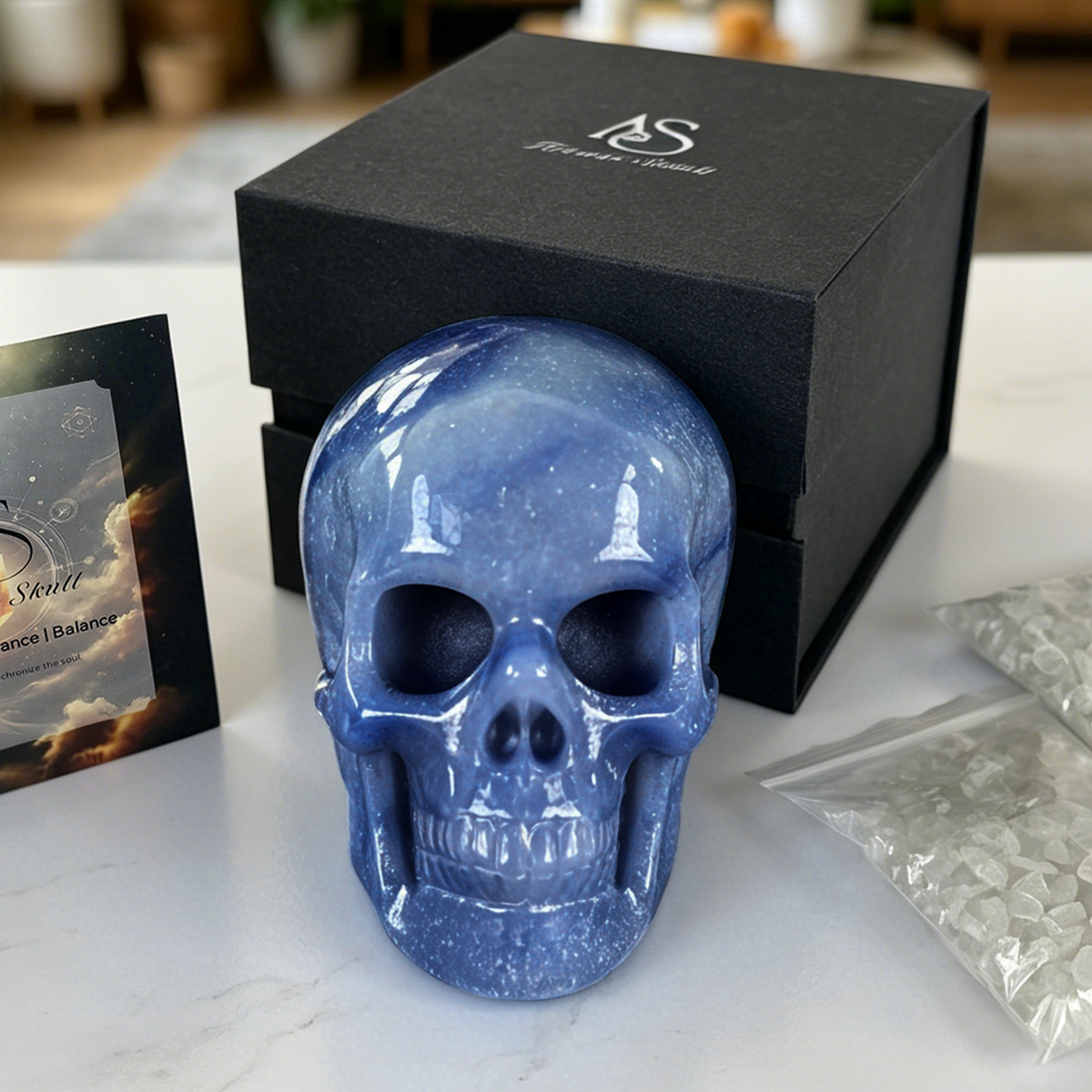 Additional view of a 4.5-inch Blue Aventurine human skull carving
