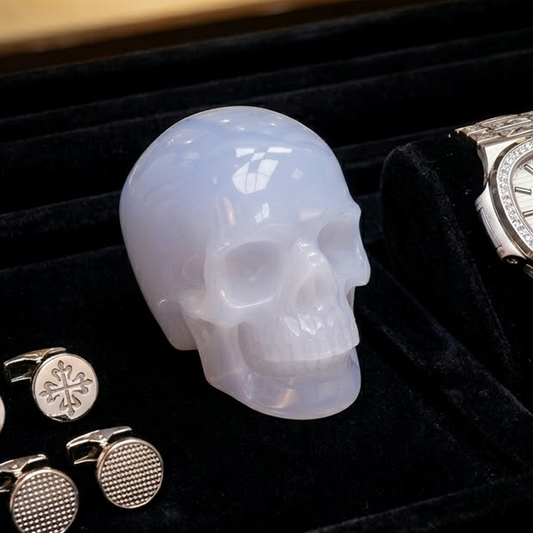 Additional view of a 3-inch Blue Chalcedony human skull carving