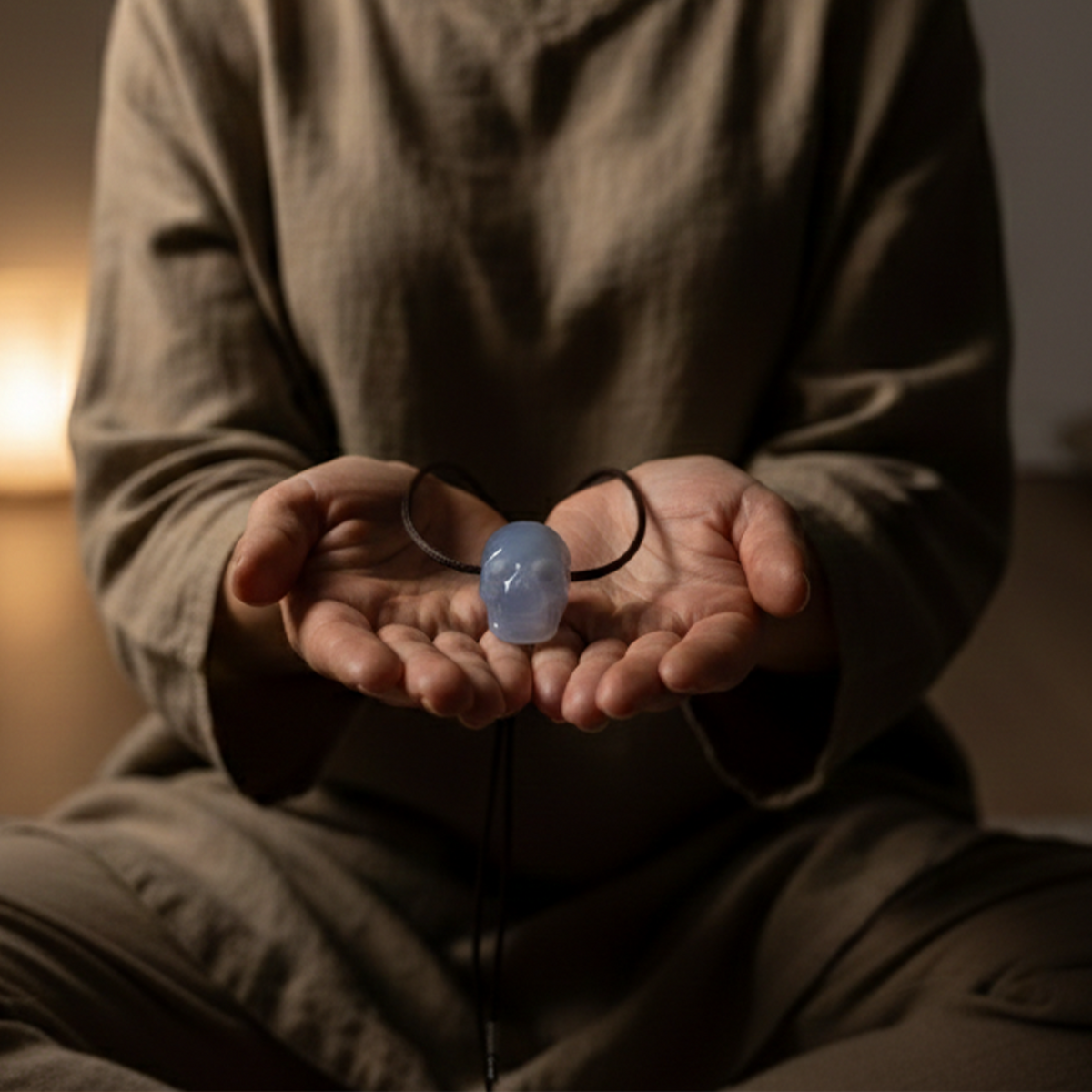 Additional view of a 1-inch Blue Chalcedony human skull pendant carving