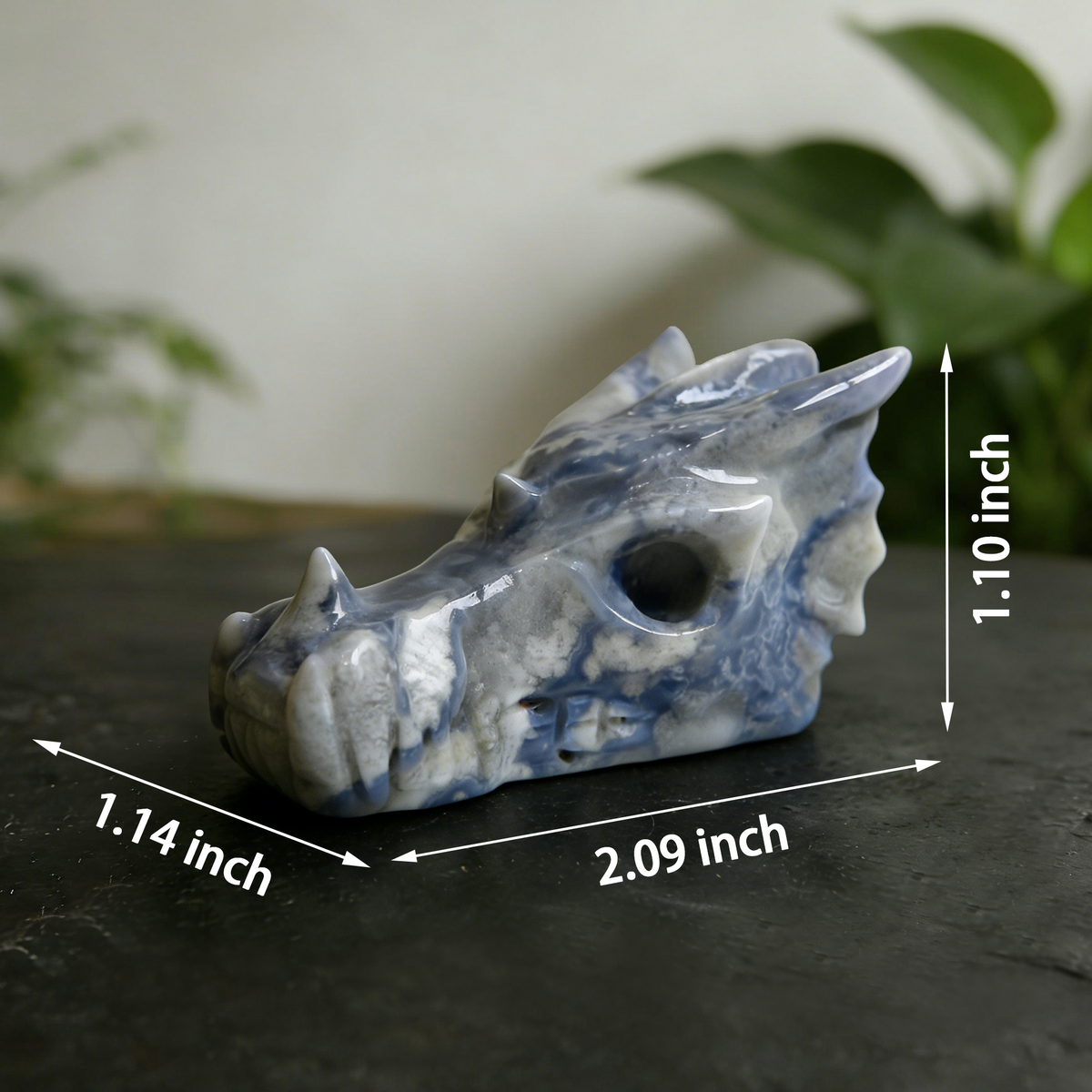 Additional view of a 2-inch Blue Flower Agate dragon skull carving