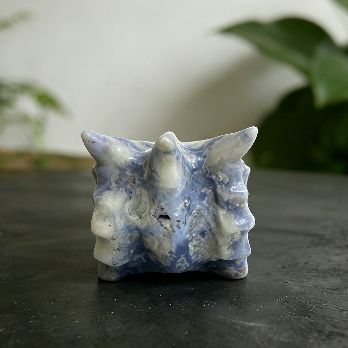 Additional view of a 2-inch Blue Flower Agate dragon skull carving