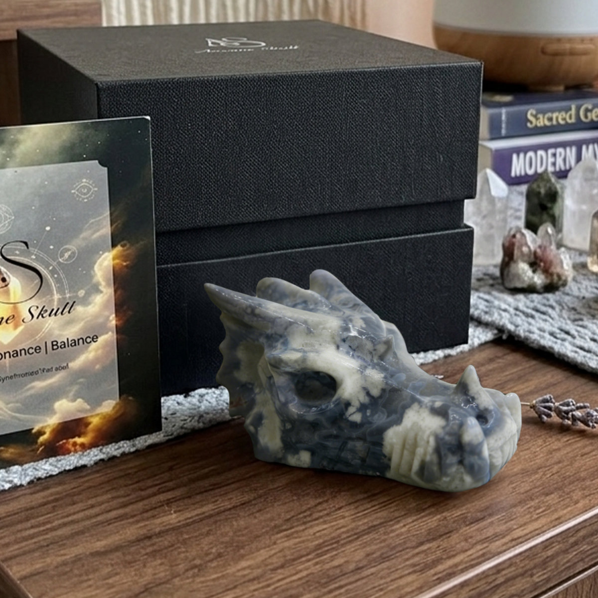 Additional view of a 2-inch Blue Flower Agate dragon skull carving