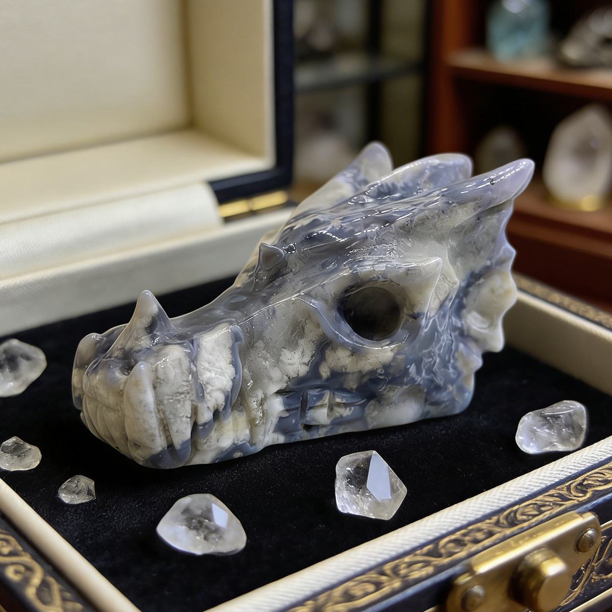 Additional view of a 2.5-inch Blue Flower Agate dragon skull carving