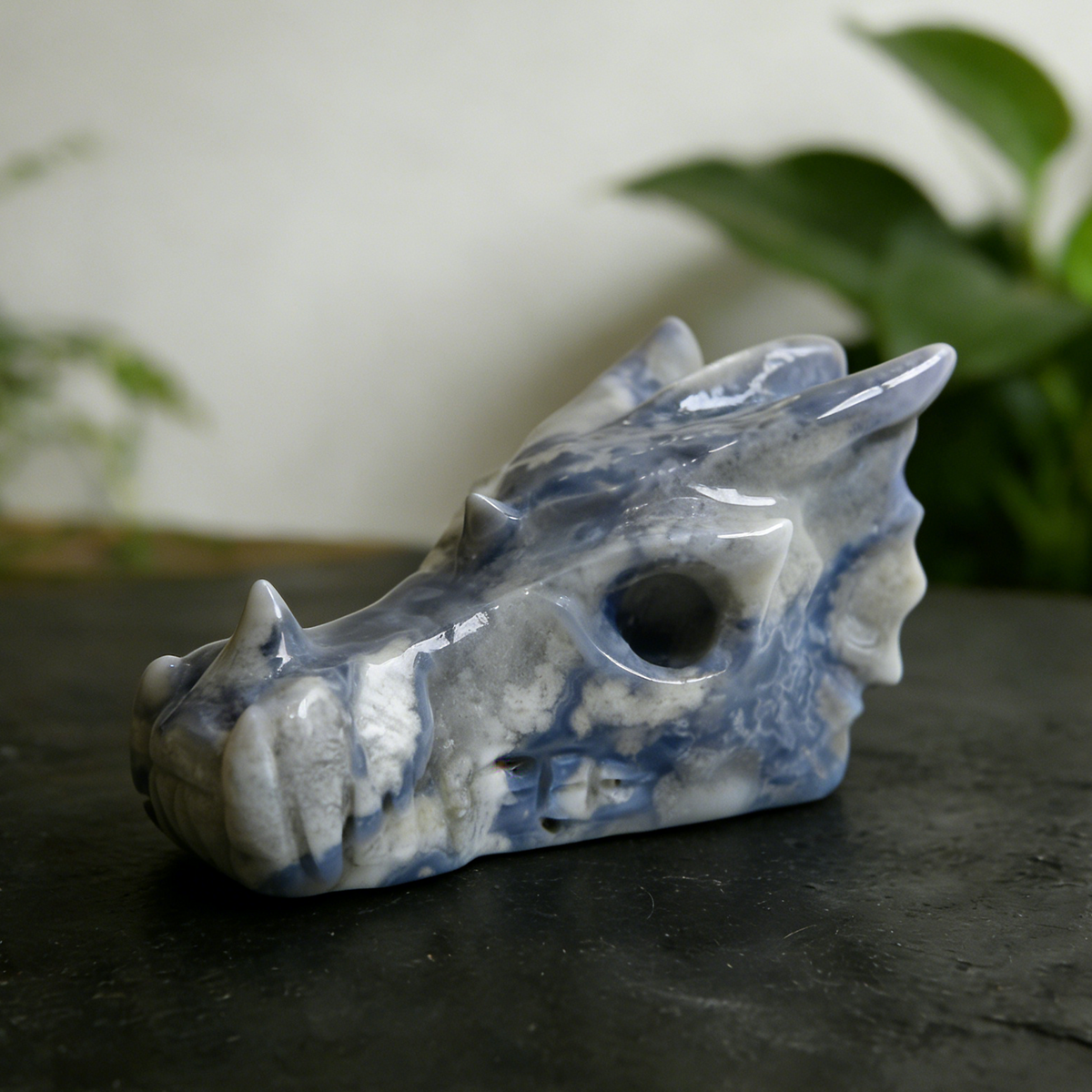 Additional view of a 2.5-inch Blue Flower Agate dragon skull carving