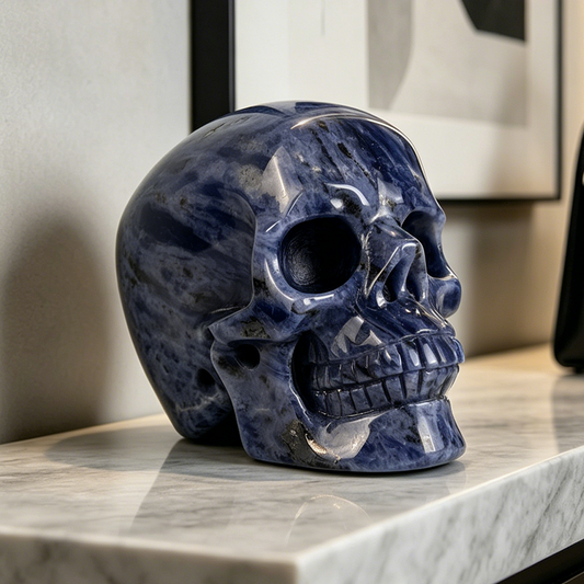 Additional view of a Blue Lace Agate Titan human skull carving, custom-made in sizes from 7 to 10 inches.