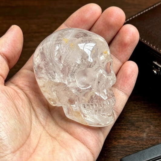 Additional view of a 2-inch Clear Quartz human skull carving