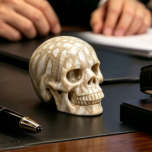 Additional view of a 3-inch Coral Fossil human skull carving