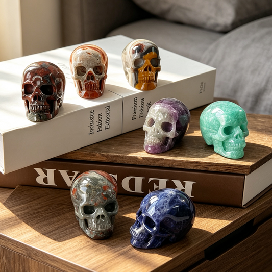 Main view of a 2-inch mixed-stone crystal skull collection box, Pattern B