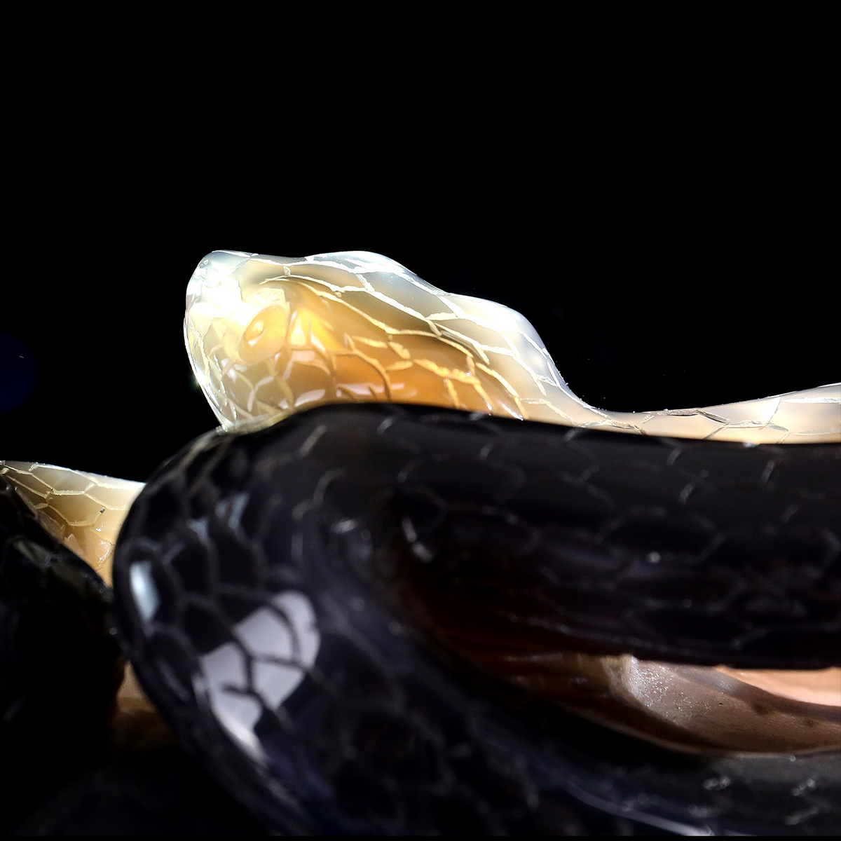 'The Silent Stare’ - Agate Serpent and Mouse on Quartz Geode · Specimen No. 21