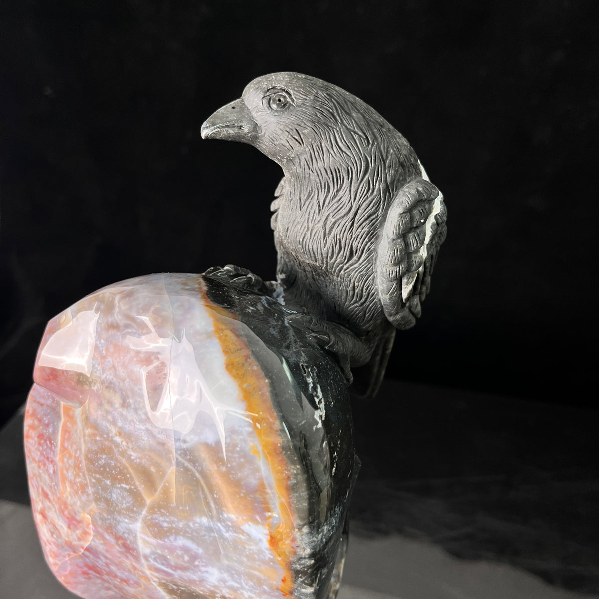 The Twofold Witness — Indian Agate Human Skull & Raven Sculpture · Specimen No. 61