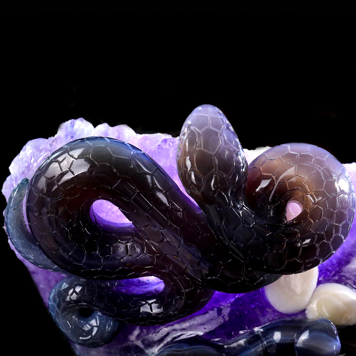 ‘The Violet Citadel’ - Coiled Banded Agate Sentinel in Raw Amethyst Cave · Specimen No. 28