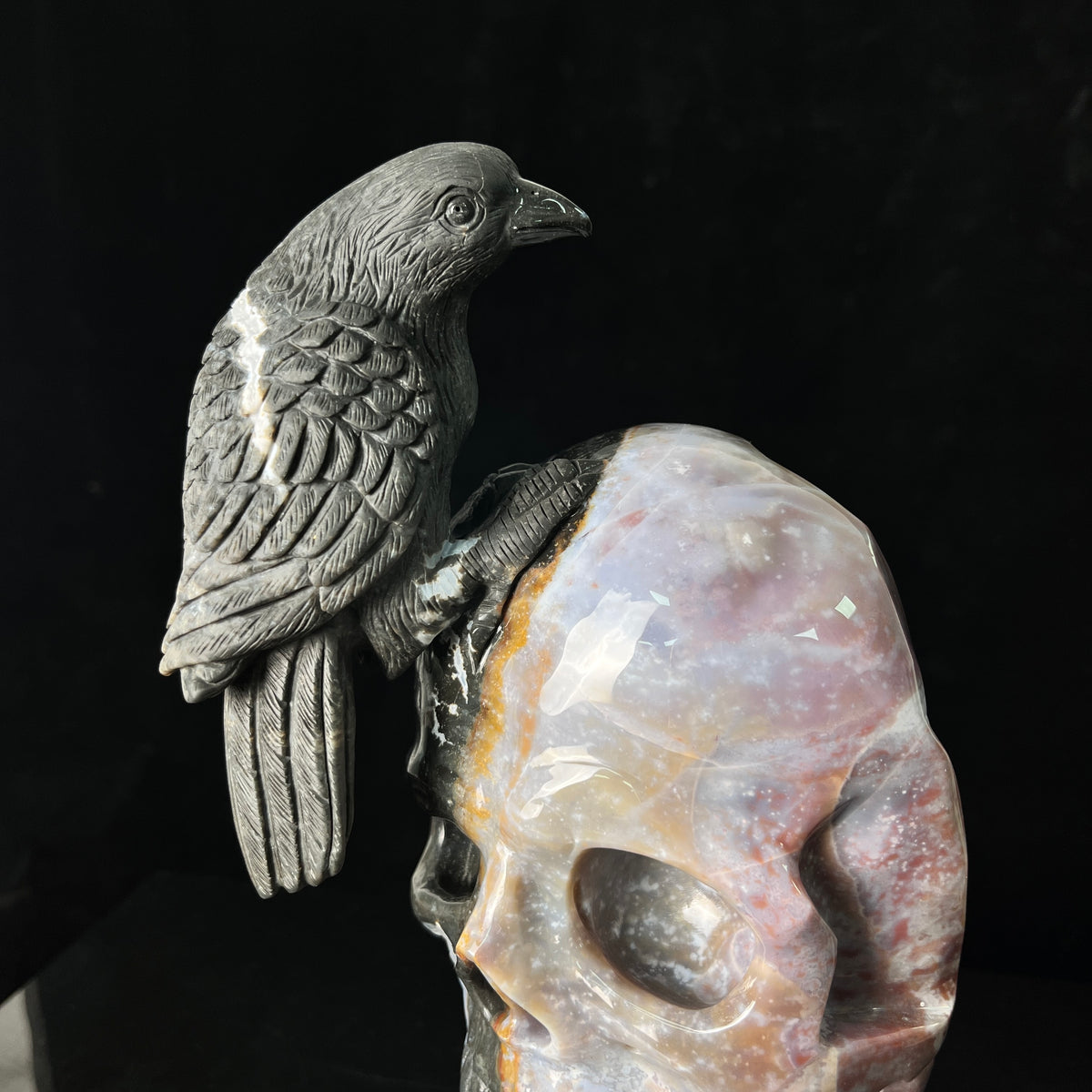 The Twofold Witness — Indian Agate Human Skull & Raven Sculpture · Specimen No. 61