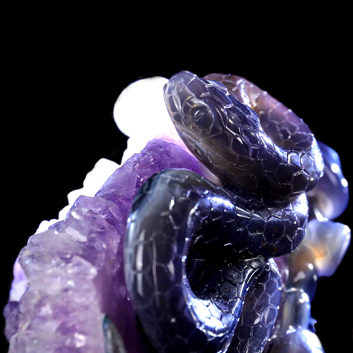‘The Violet Citadel’ - Coiled Banded Agate Sentinel in Raw Amethyst Cave · Specimen No. 28