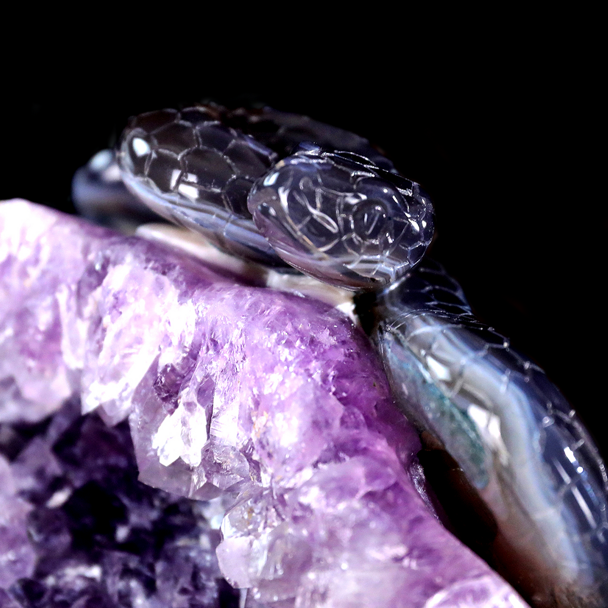 ‘The Violet Citadel’ - Coiled Banded Agate Sentinel in Raw Amethyst Cave · Specimen No. 28