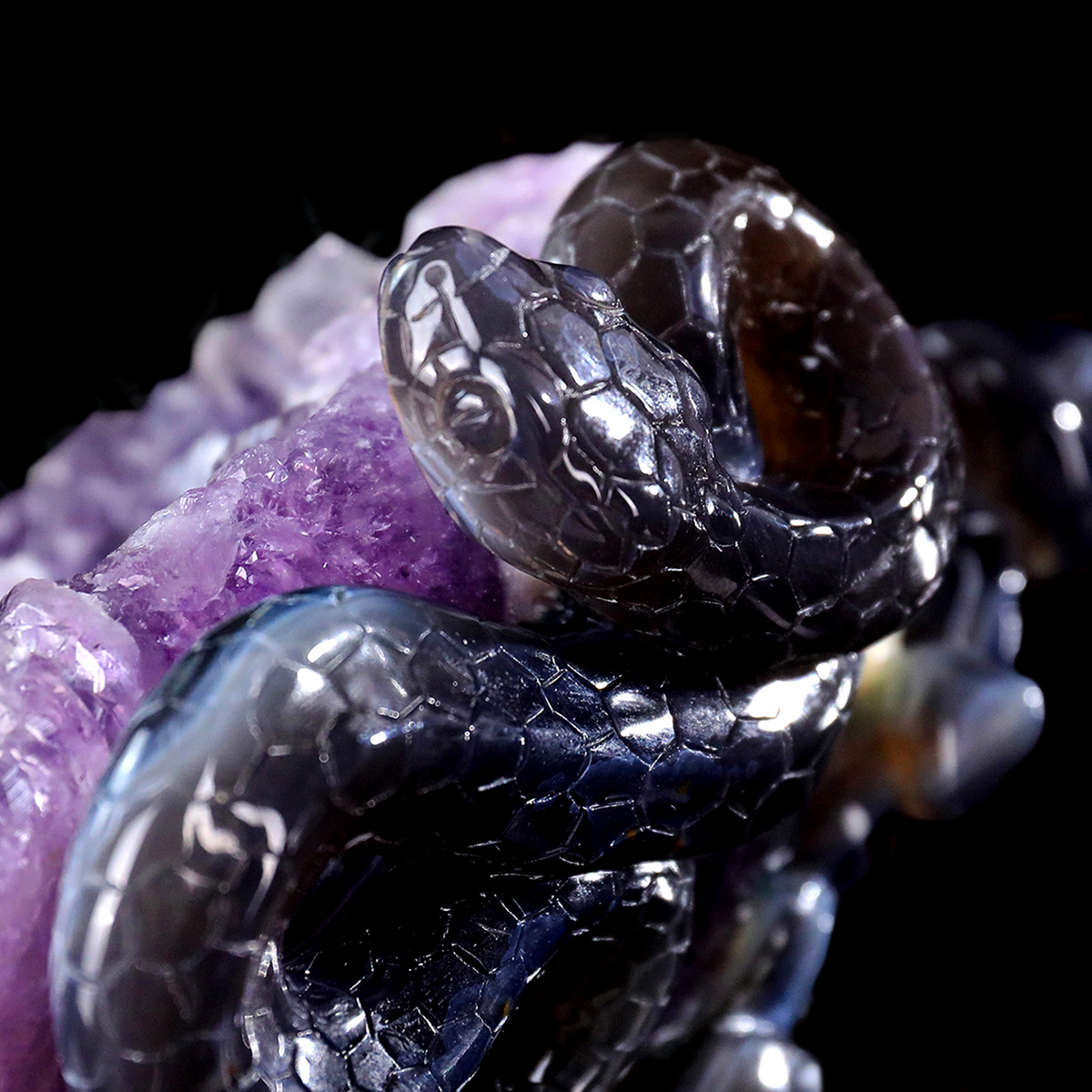 ‘The Violet Citadel’ - Coiled Banded Agate Sentinel in Raw Amethyst Cave · Specimen No. 28