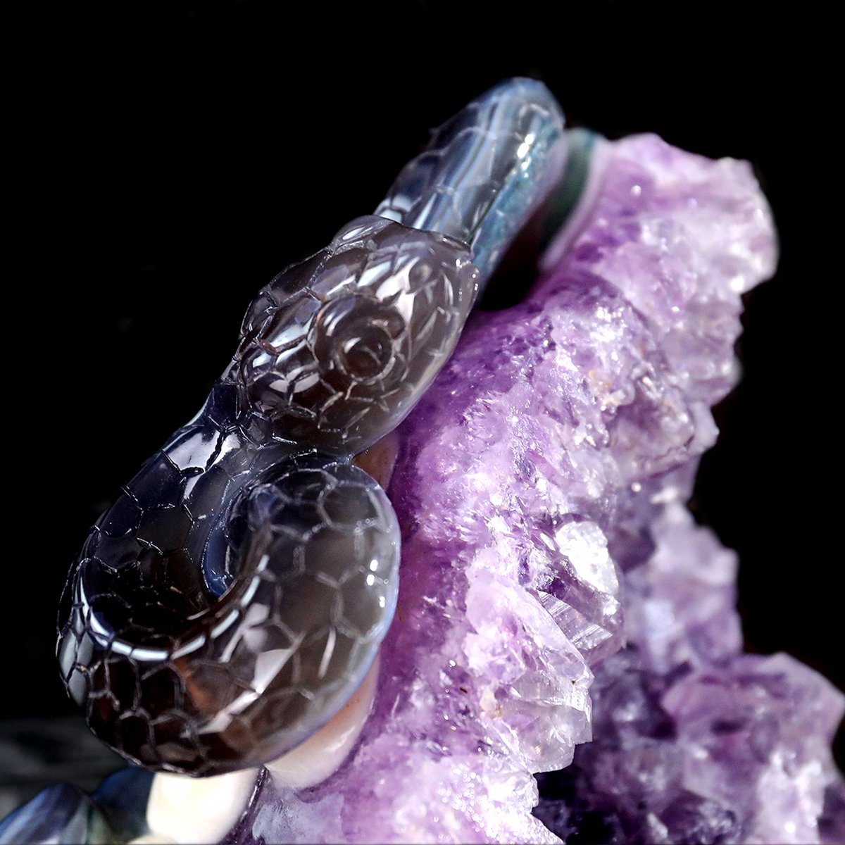 ‘The Violet Citadel’ - Coiled Banded Agate Sentinel in Raw Amethyst Cave · Specimen No. 28
