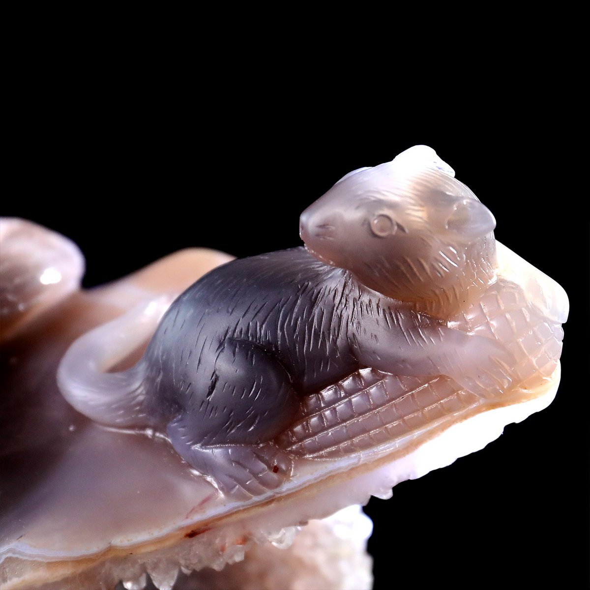 'The Silent Stare’ - Agate Serpent and Mouse on Quartz Geode · Specimen No. 21