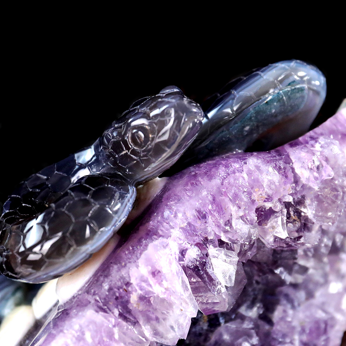 ‘The Violet Citadel’ - Coiled Banded Agate Sentinel in Raw Amethyst Cave · Specimen No. 28