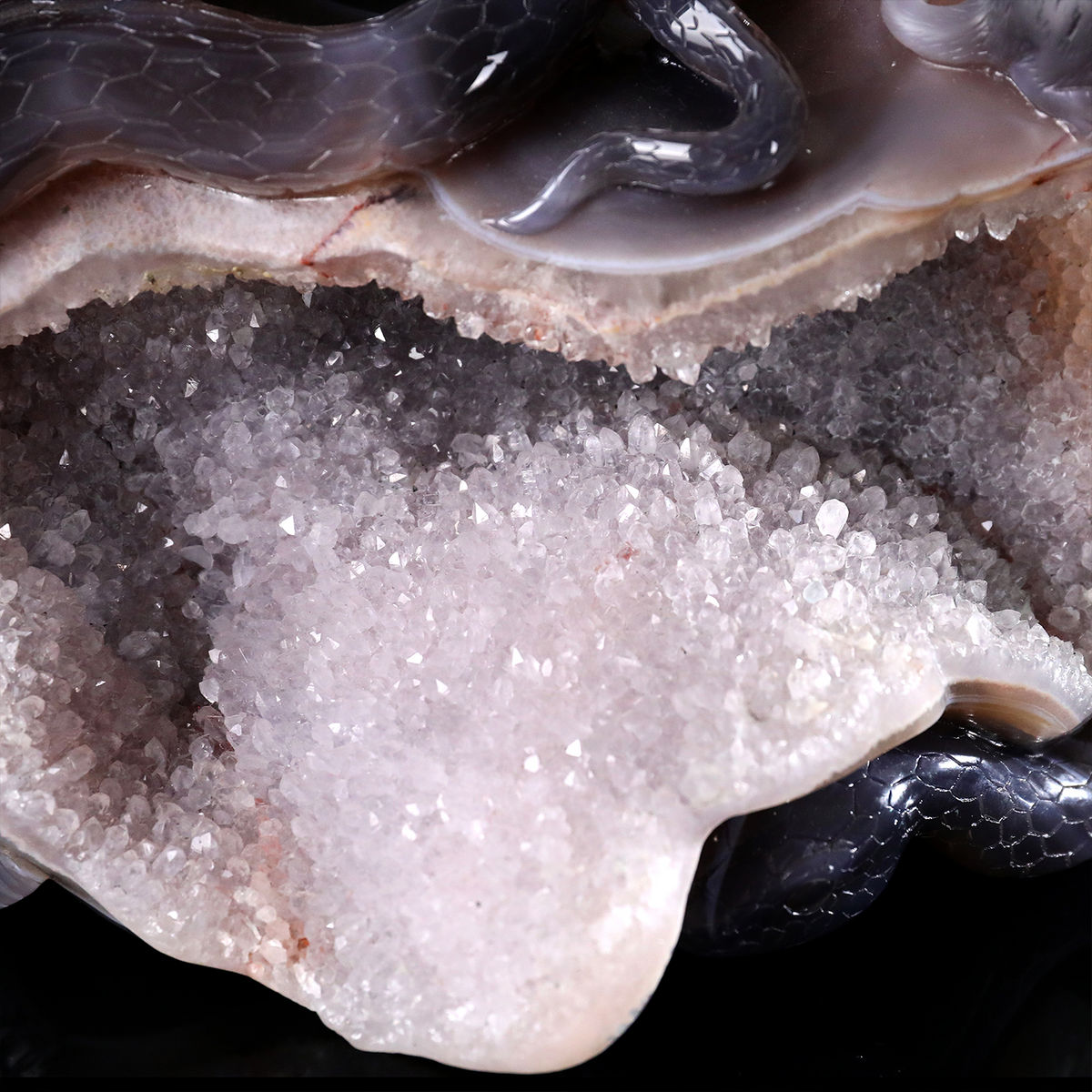 'The Silent Stare’ - Agate Serpent and Mouse on Quartz Geode · Specimen No. 21