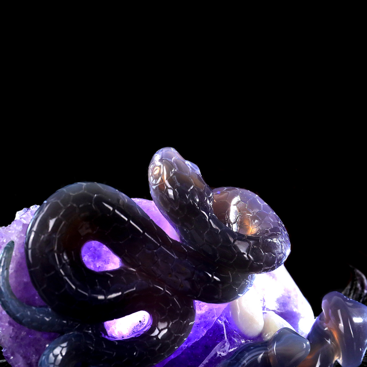 ‘The Violet Citadel’ - Coiled Banded Agate Sentinel in Raw Amethyst Cave · Specimen No. 28