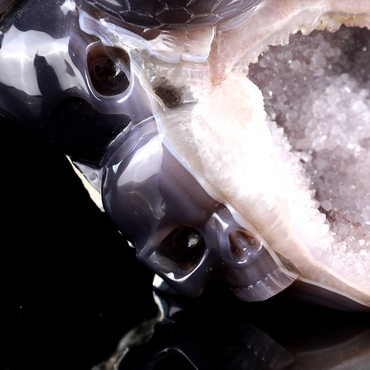 'The Silent Stare’ - Agate Serpent and Mouse on Quartz Geode · Specimen No. 21