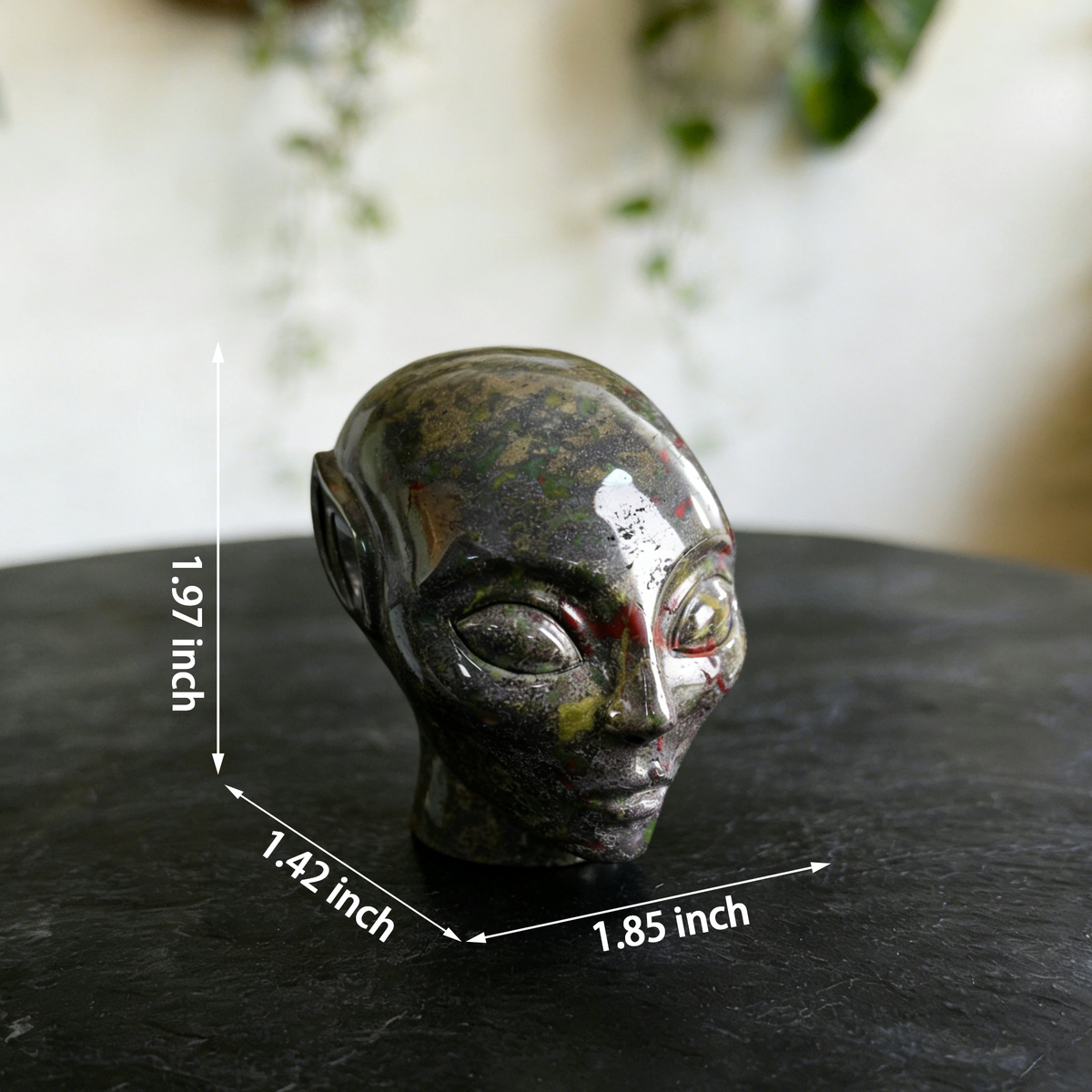 Additional view of a Dragon Bloodstone alien skull carving