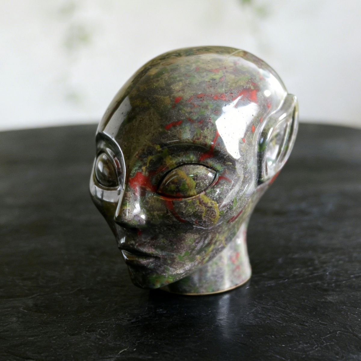 Additional view of a Dragon Bloodstone alien skull carving