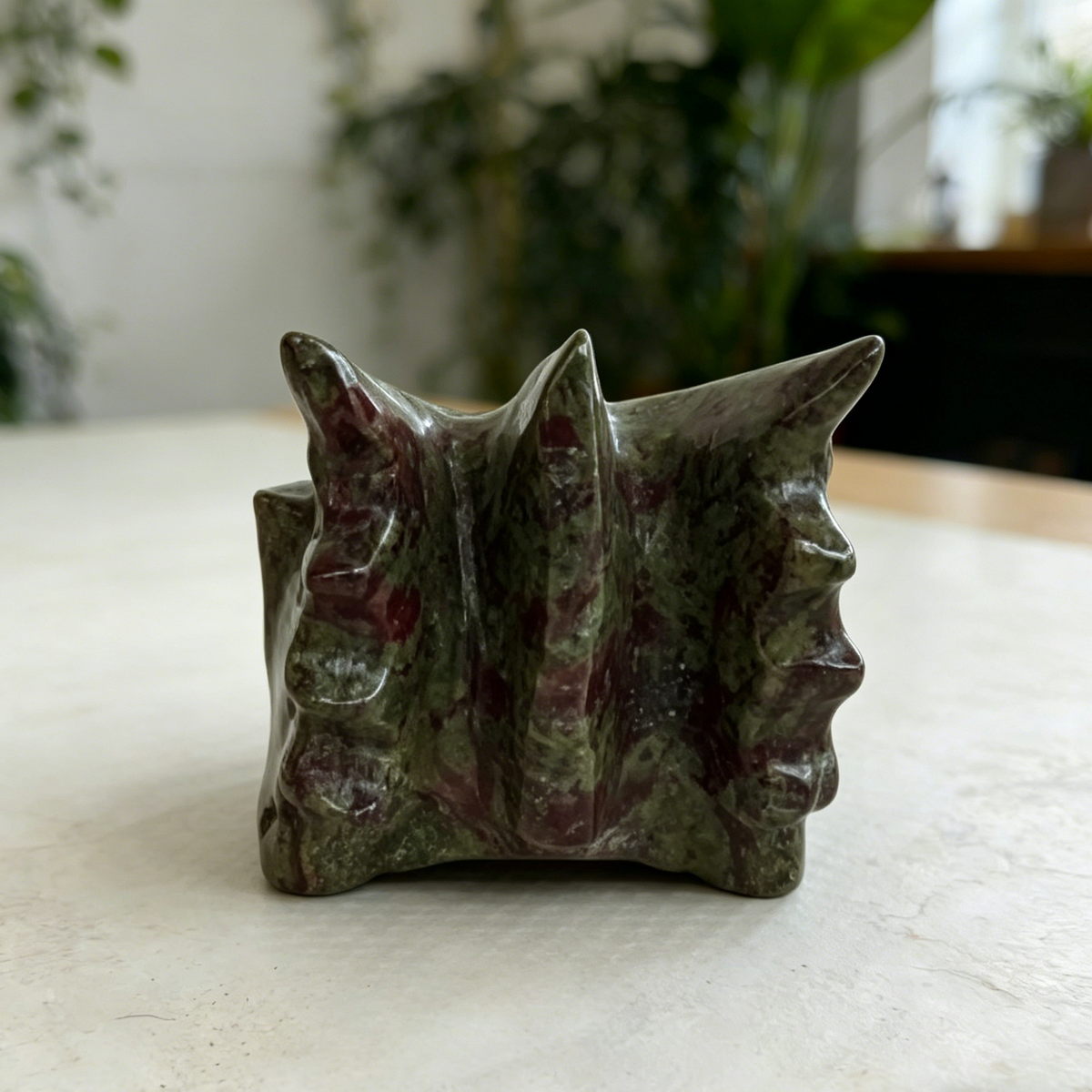 Additional view of a 2-inch Dragon Bloodstone dragon skull carving