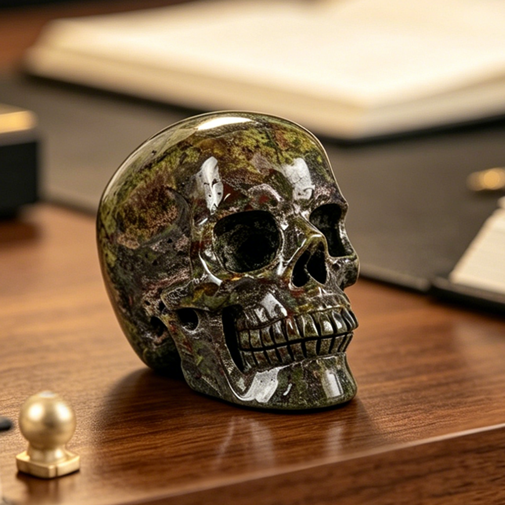 Main view of a 3-inch Dragon Bloodstone human skull carving