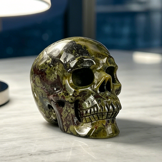 Main view of a 3-inch Dragon Bloodstone human skull carving