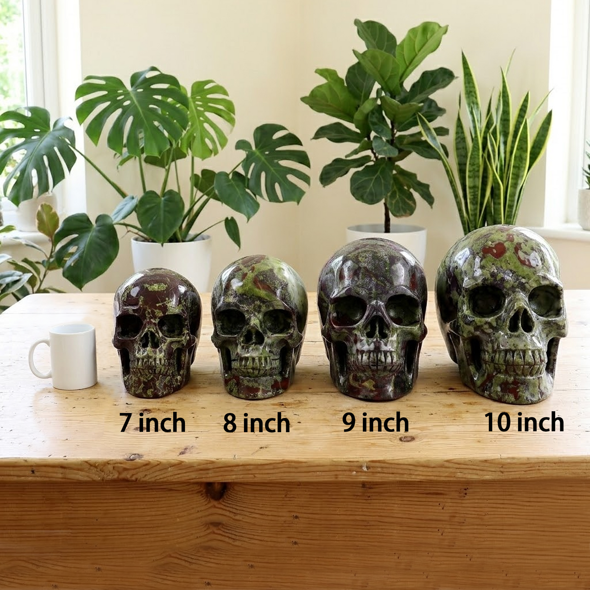 Additional view of a Dragon Bloodstone Titan human skull carving, custom-made in sizes from 7 to 14 inches.