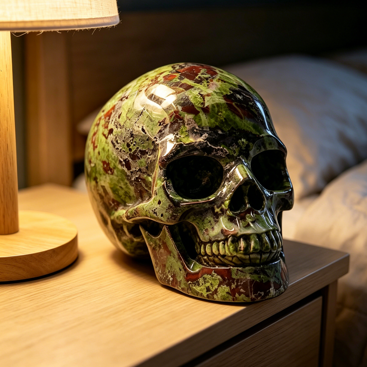 Additional view of a Dragon Bloodstone Titan human skull carving, custom-made in sizes from 7 to 14 inches.