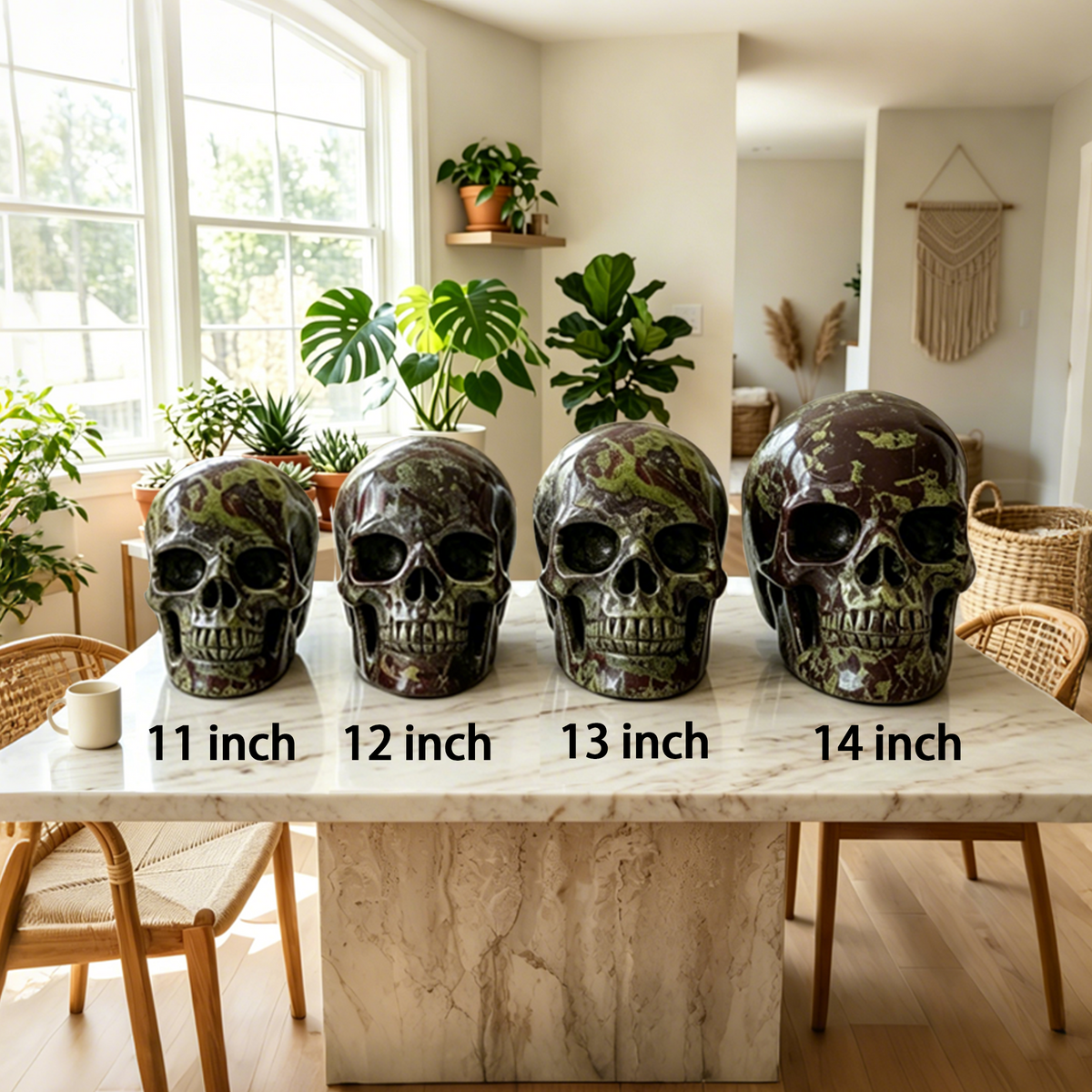 Additional view of a Dragon Bloodstone Titan human skull carving, custom-made in sizes from 7 to 14 inches.