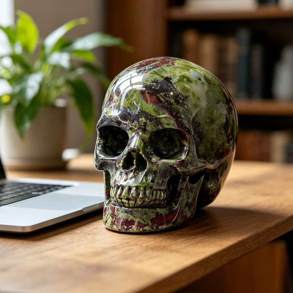Additional view of a Dragon Bloodstone Titan human skull carving, custom-made in sizes from 7 to 14 inches.
