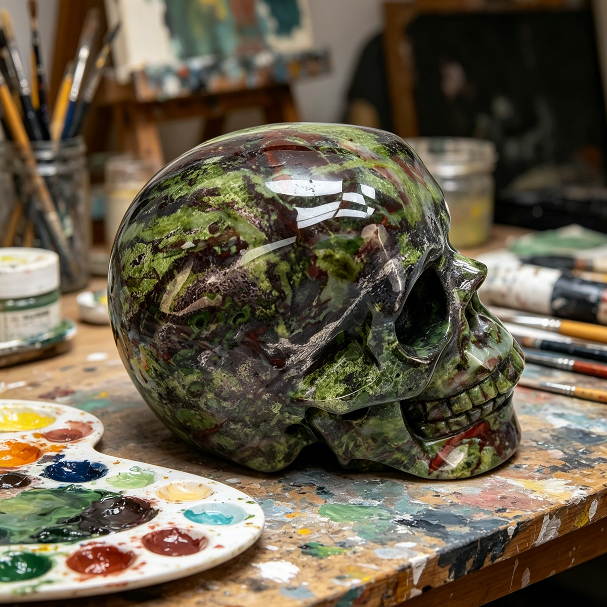 Additional view of a Dragon Bloodstone Titan human skull carving, custom-made in sizes from 7 to 14 inches.