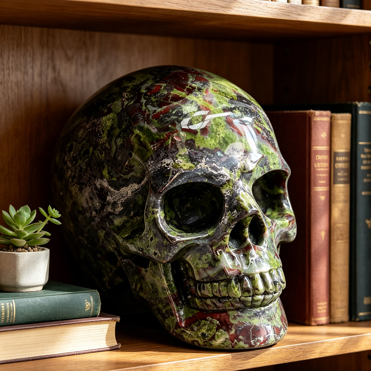 Additional view of a Dragon Bloodstone Titan human skull carving, custom-made in sizes from 7 to 14 inches.