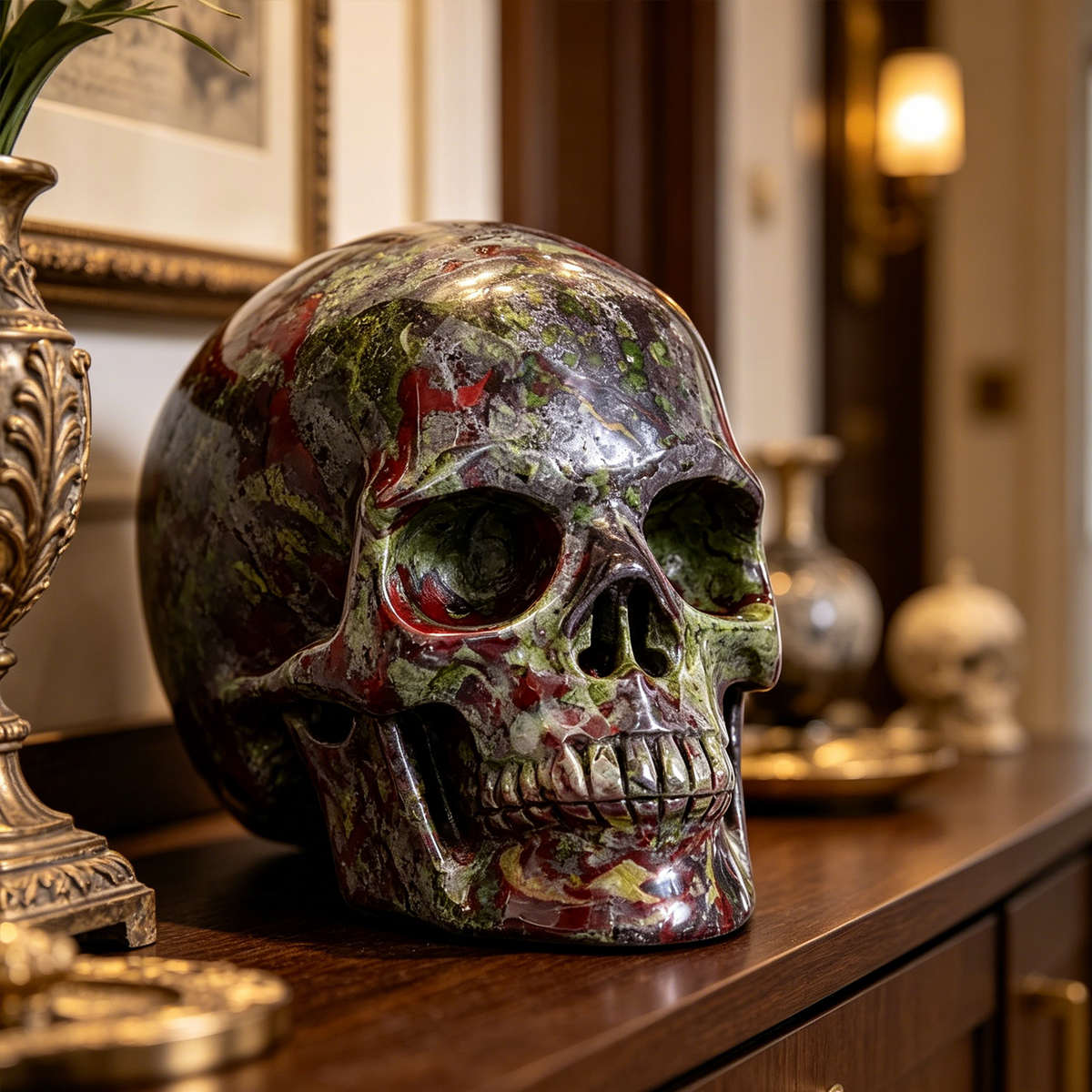 Additional view of a Dragon Bloodstone Titan human skull carving, custom-made in sizes from 7 to 14 inches.