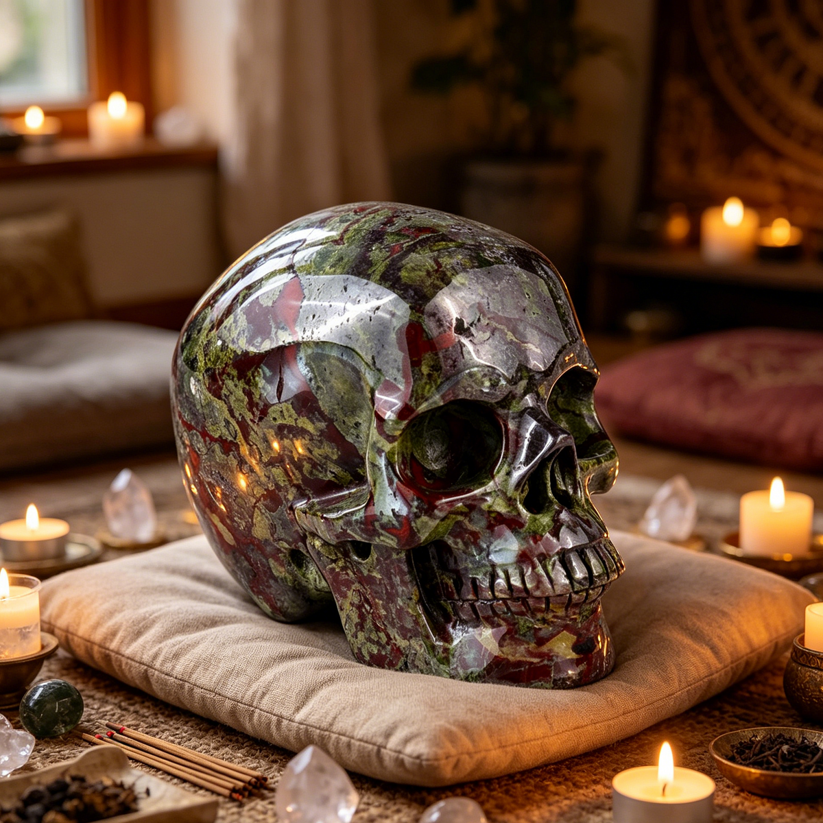 Additional view of a Dragon Bloodstone Titan human skull carving, custom-made in sizes from 7 to 14 inches.