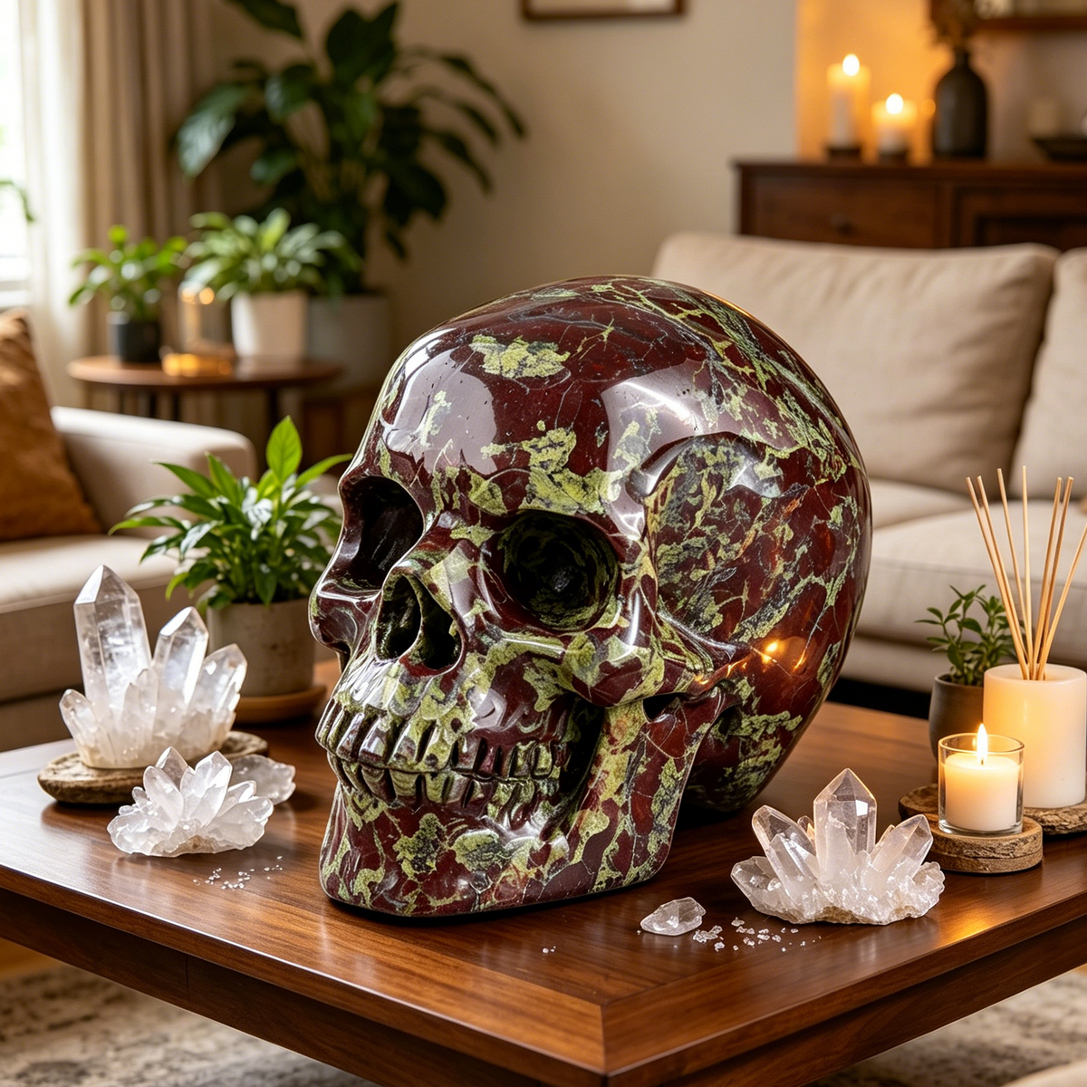 Additional view of a Dragon Bloodstone Titan human skull carving, custom-made in sizes from 7 to 14 inches.