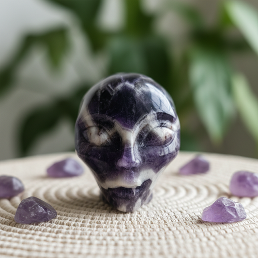 Additional view of a 3.8-inch Dream Amethyst alien skull carving
