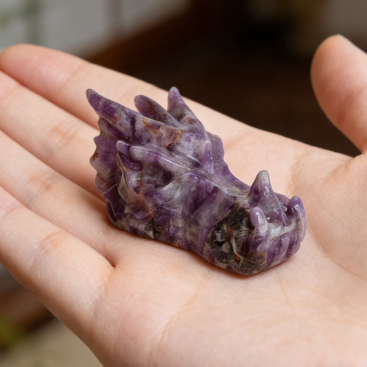 Additional view of a 2-inch Dream Amethyst dragon skull carving