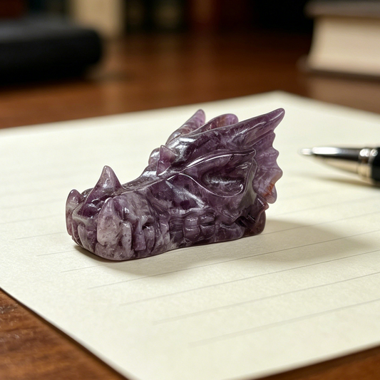 Additional view of a 3-inch Dream Amethyst dragon skull carving