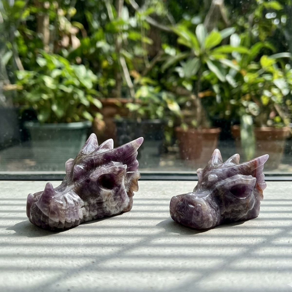 Additional view of a 3-inch Dream Amethyst dragon skull carving