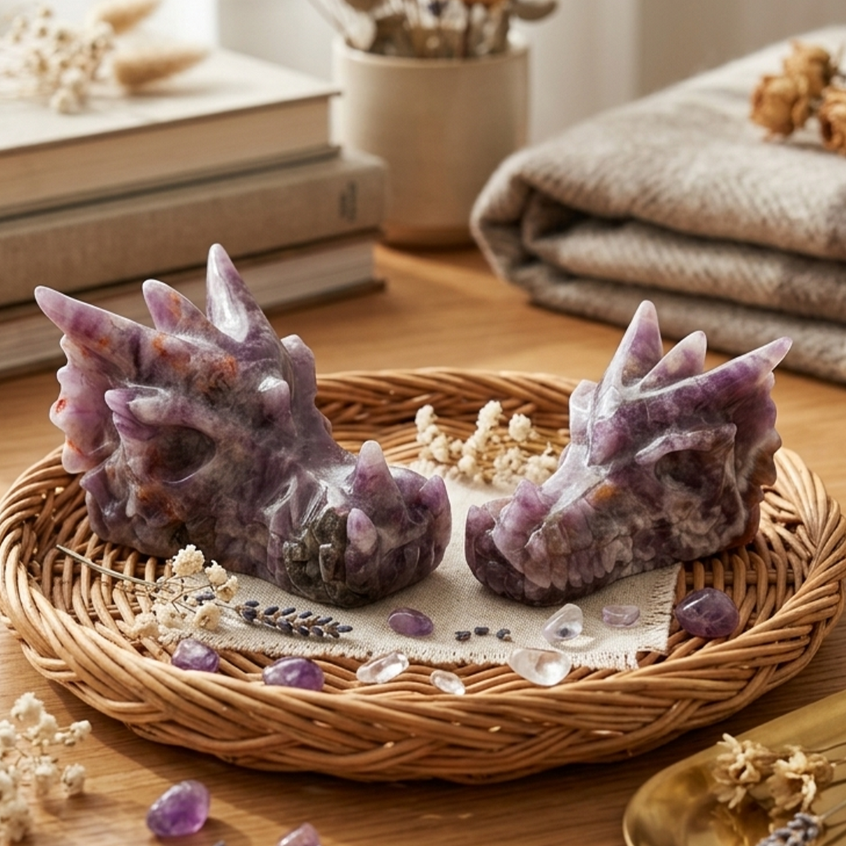 Additional view of a 3-inch Dream Amethyst dragon skull carving